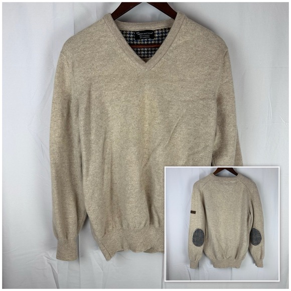 Hawick Knitwear Sweater Mens Large Tan Lambswool Made In Scotland Elbow Patch - Picture 1 of 16